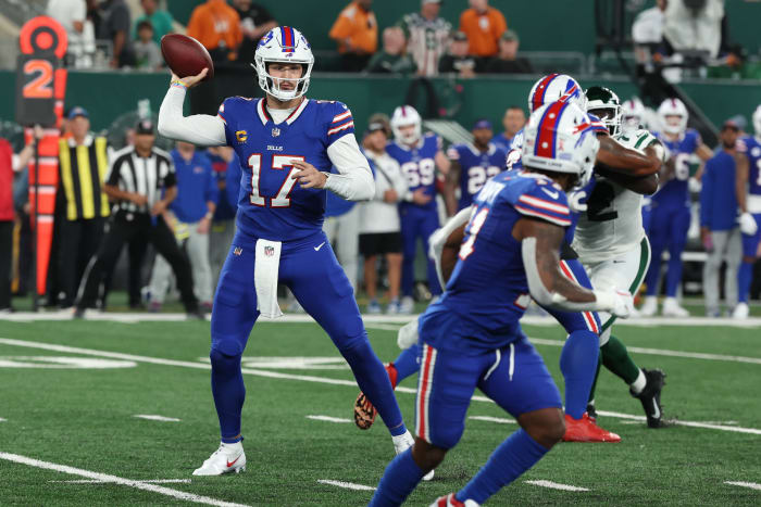 Bills quarterback Josh Allen attempts a pass against the Jets in Week 1.